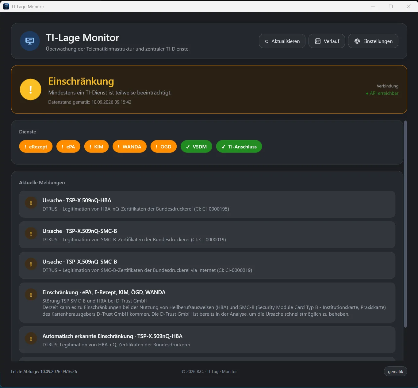 TI-Lage Monitor main window in dark mode showing a restriction warning, service chips for eRezept, ePA, KIM, WANDA, OGD, VSDM and TI-Anschluss and current messages